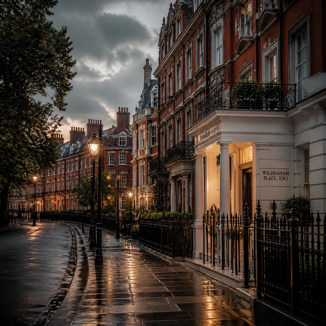 Elegant red-brick and white stucco townhouses on a rain-lit Chelsea street in London