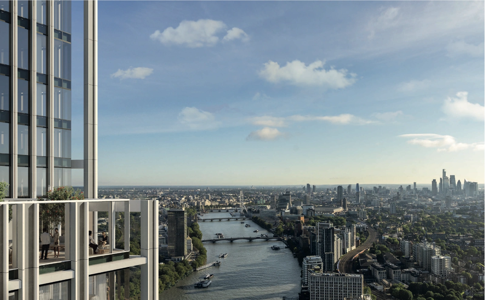 Panoramic view over the River Thames and London skyline from a high-rise residence